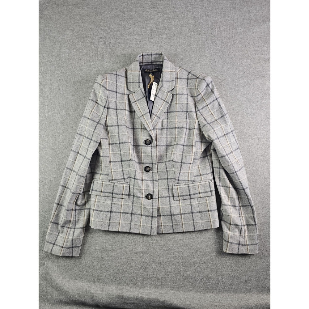 Brooks Brothers Blazer Womens 10 Gray Plaid Wool Cashmere Blend Stretch Lined